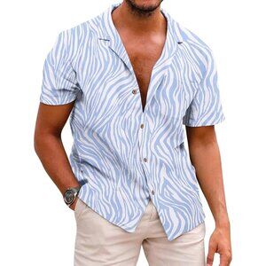 Men's Blue Hawaiian Floral Shirt Cotton Linen Button Down Tropical Shirt